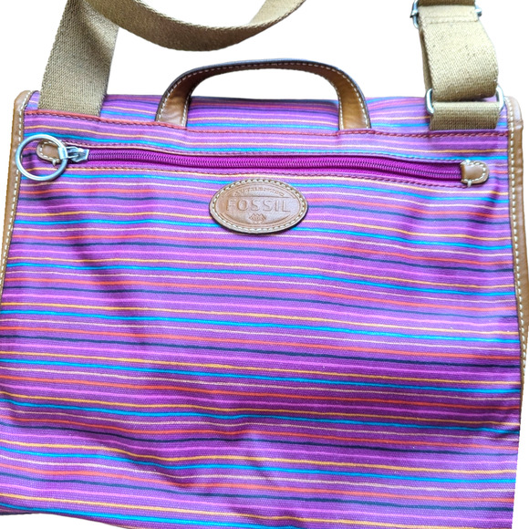 FOSSIL Pink Blue Striped Messenger Bag Crossbody School - Picture 4 of 10